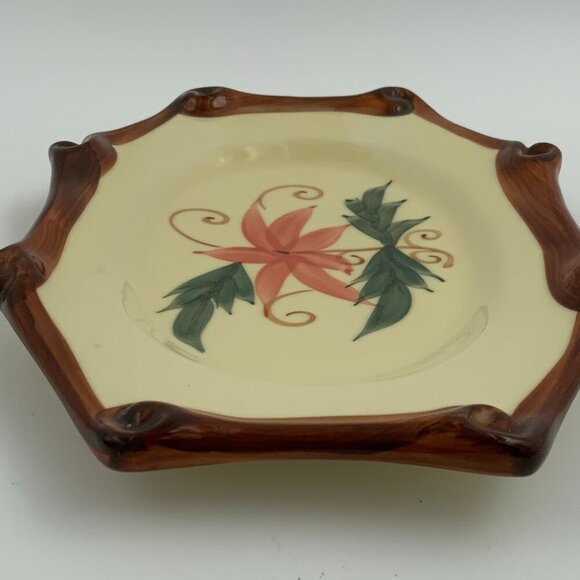 Vintage Rectangular Asian Pink Flower Brown Rim Serving Plate Stamped Wealth - Picture 4 of 7